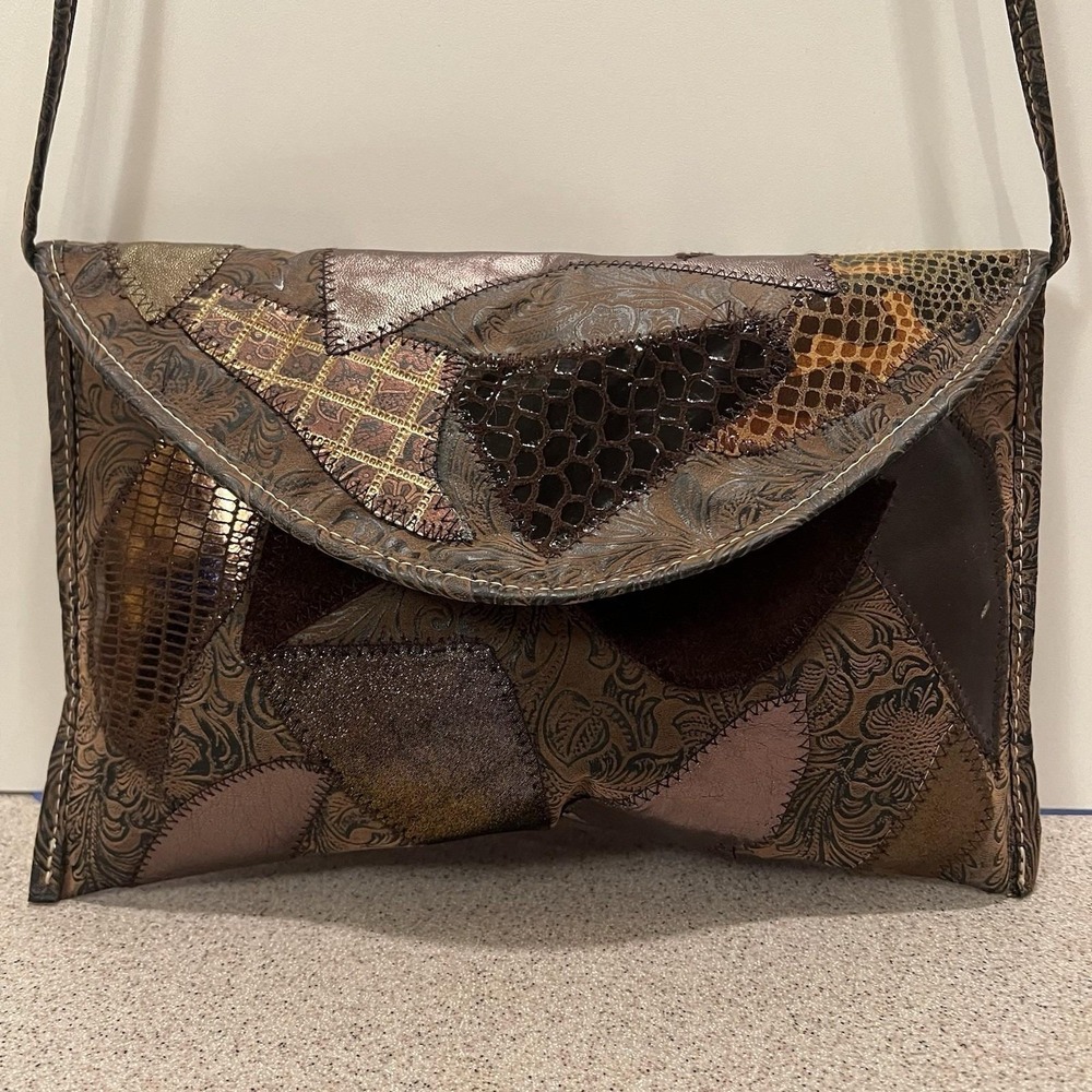 Luis Alexander Leather Brown Gold Patchwork Envelope Purse Clutch Retro 80s USA